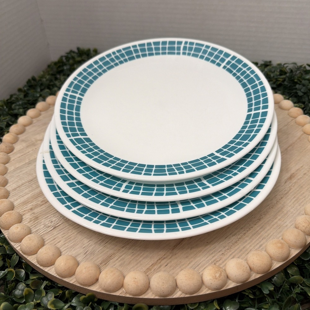 4 Corelle Vitrelle Aqua Tiles Dinner Plates 10-1/4"